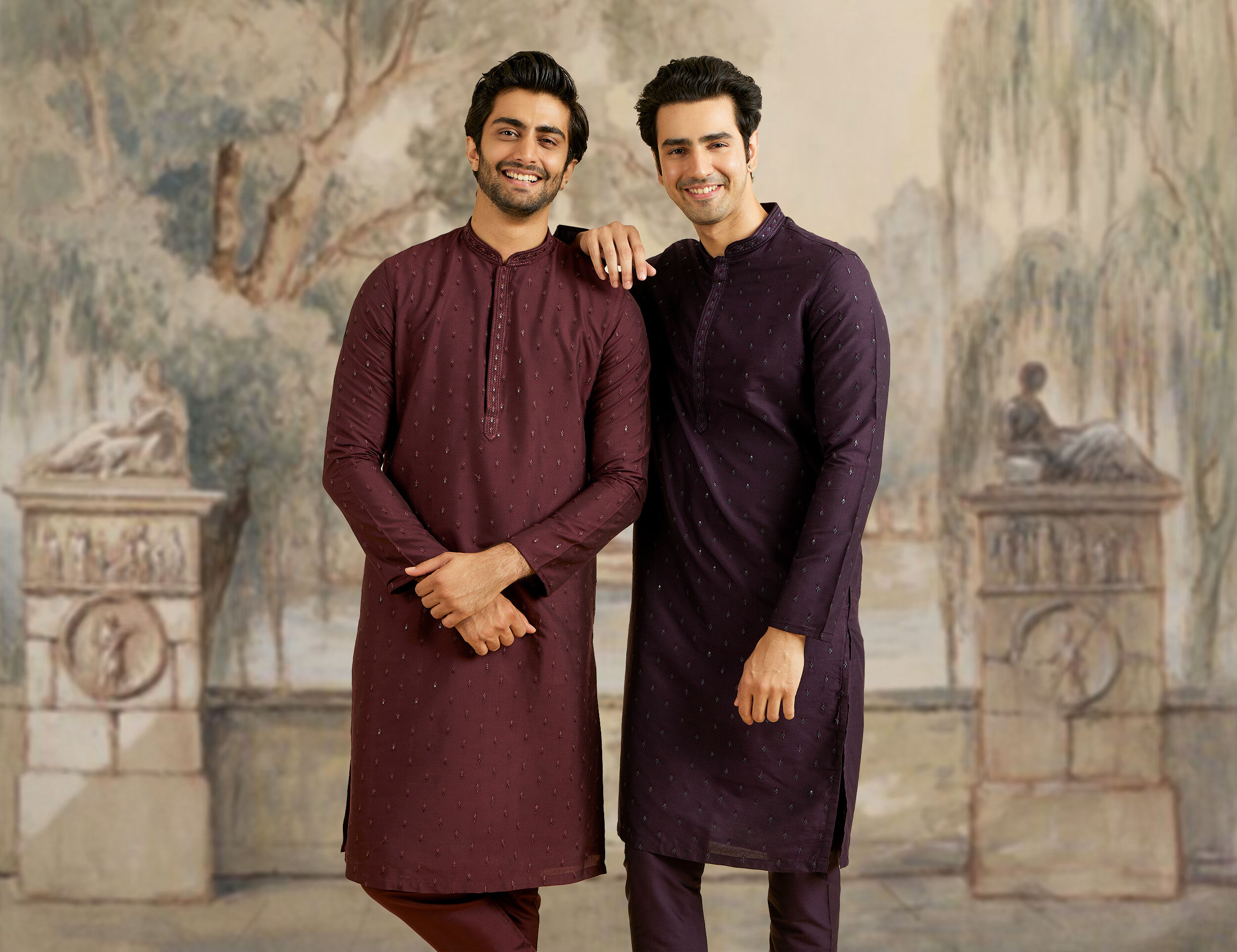 Exquisitely hand-embroidered dark brown and light brown kurta, blending ancient Indian techniques with modern style.